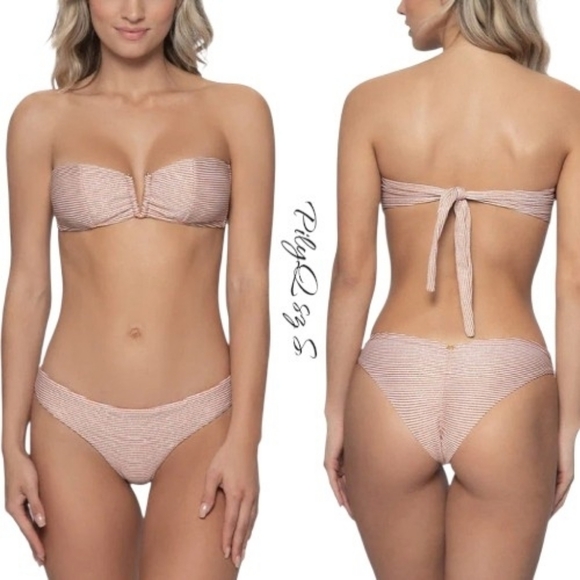 NWT PilyQ PQ Swim Stripe V Bandeau Ruched Bikini Set S